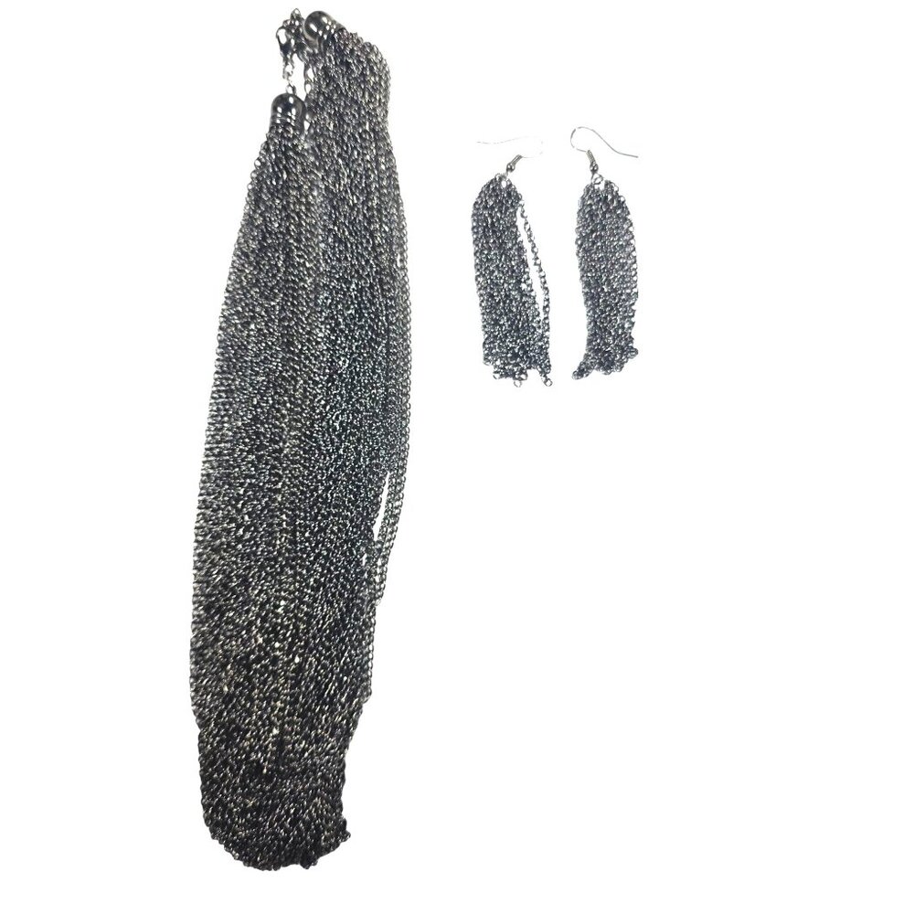 Multi-Strand Necklace Earrings Set Silver-Tone Tassel neutral womens jewelry
